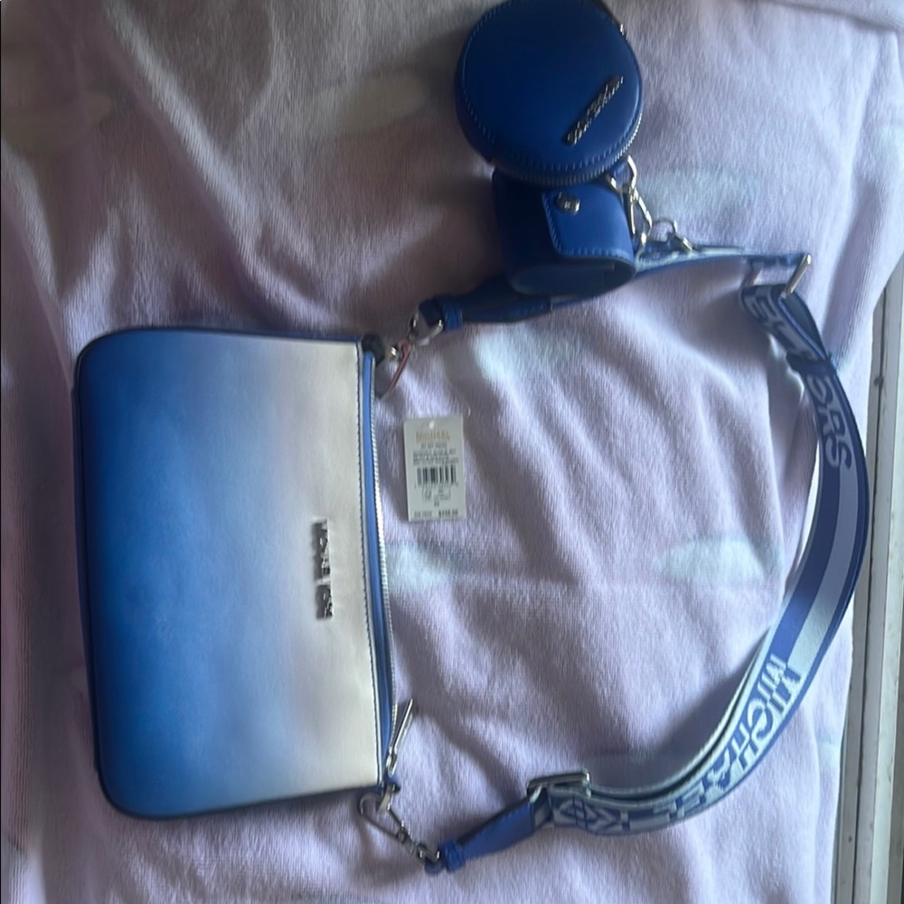 Michael Kors Blue and White Crossbody Bag with Silver Hardware